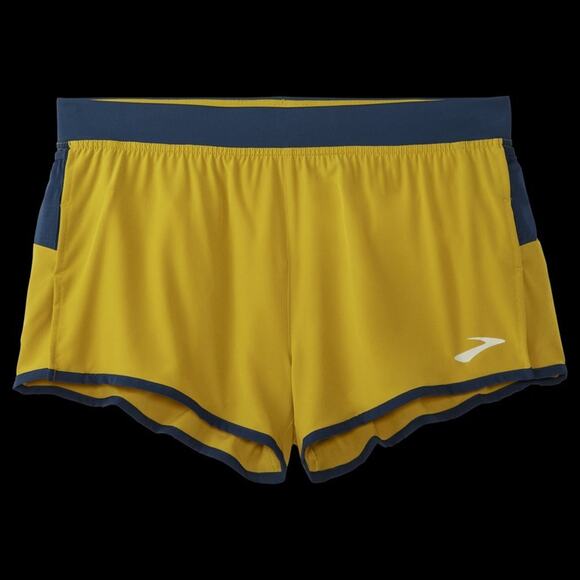 Brooks Blue Yellow Sporty Fitness Outdoor Sherpa 3" Split Shorts Size Small - Picture 1 of 7